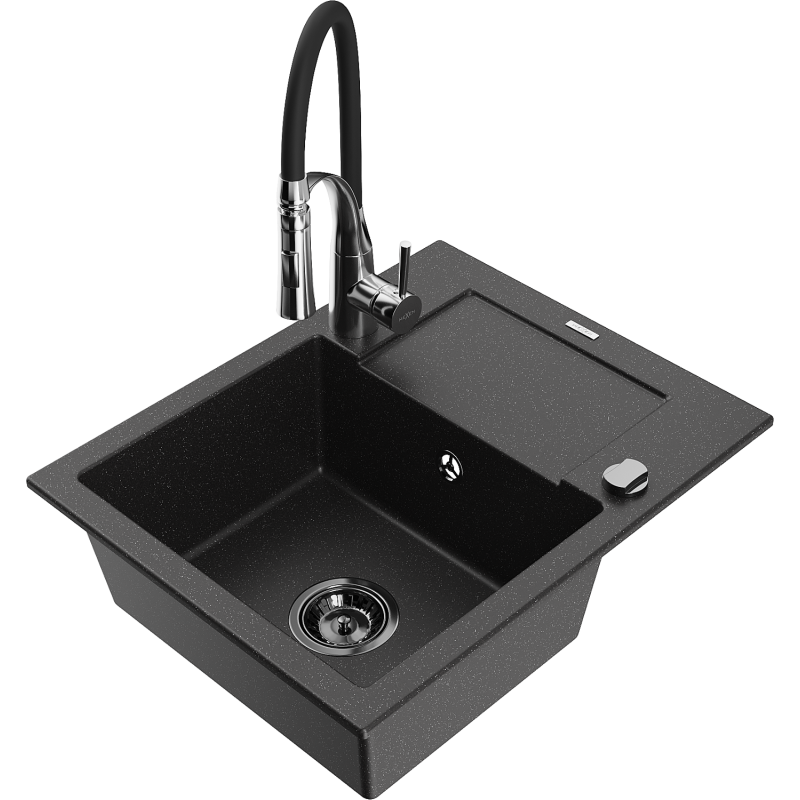 Mexen Enzo 1-Komponenten-Granitspüle mit Abtropffläche und Küchenarmatur Aster, schwarz/silber metallic - 6506-73-73450-07-B