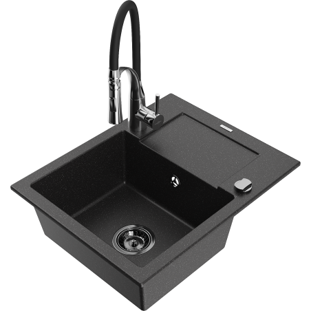 Mexen Enzo 1-Komponenten-Granitspüle mit Abtropffläche und Küchenarmatur Aster, schwarz/silber metallic - 6506-73-73450-07-B