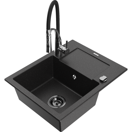 Mexen Enzo Granitspüle 1-becken mit Abtropffläche und Küchenarmatur Aster, schwarz/silberner Metallic - 6506-73-73450-07-B