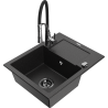 Mexen Enzo Granitspüle 1-becken mit Abtropffläche und Küchenarmatur Aster, schwarz/silberner Metallic - 6506-73-73450-07-B