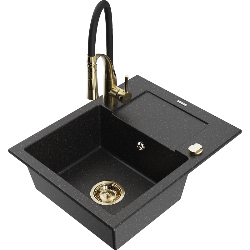 Mexen Enzo Granitspüle 1-Becken mit Abtropffläche und Küchenarmatur Aster, schwarz/silber metallic - 6506-73-73450-57-G