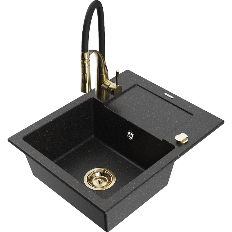 Mexen Enzo Granitspüle mit 1 Becken, Abtropffläche und Küchenarmatur Aster, schwarz/silber metallic - 6506-73-73450-57-G