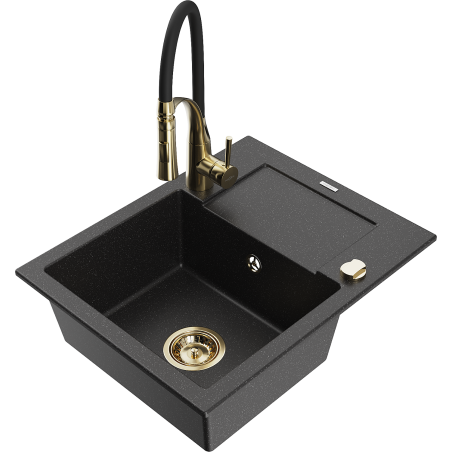 Mexen Enzo Granitspüle 1-Becken mit Abtropffläche und Küchenarmatur Aster, schwarz/silber metallic - 6506-73-73450-57-G