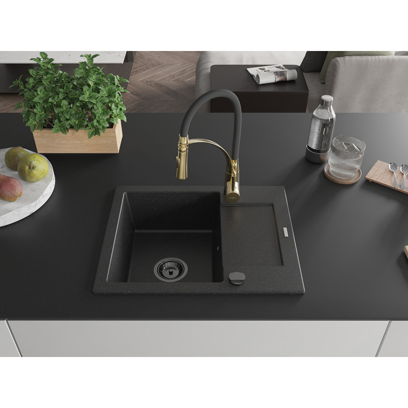Mexen Enzo Granitspüle 1-Becken mit Abtropffläche und Küchenarmatur Aster, schwarz/silber metallic - 6506-73-73450-57-B