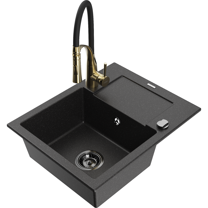 Mexen Enzo Granitspüle 1-Becken mit Abtropffläche und Küchenarmatur Aster, schwarz/silber metallic - 6506-73-73450-57-B