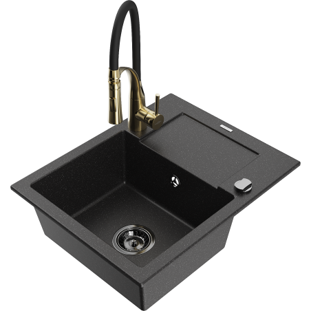 Mexen Enzo Granitspüle 1-Becken mit Abtropffläche und Küchenarmatur Aster, schwarz/silber metallic - 6506-73-73450-57-B