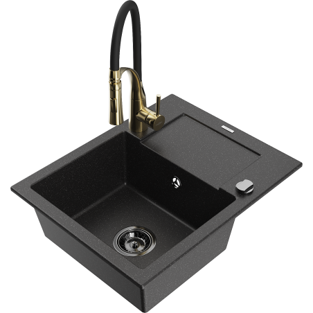 Mexen Enzo Granitspüle 1-beckig mit Abtropffläche und Küchenarmatur Aster, schwarz/silber Metallic - 6506-73-73450-57-B