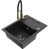 Mexen Enzo Granitspüle 1-beckig mit Abtropffläche und Küchenarmatur Aster, schwarz/silber Metallic - 6506-73-73450-57-B