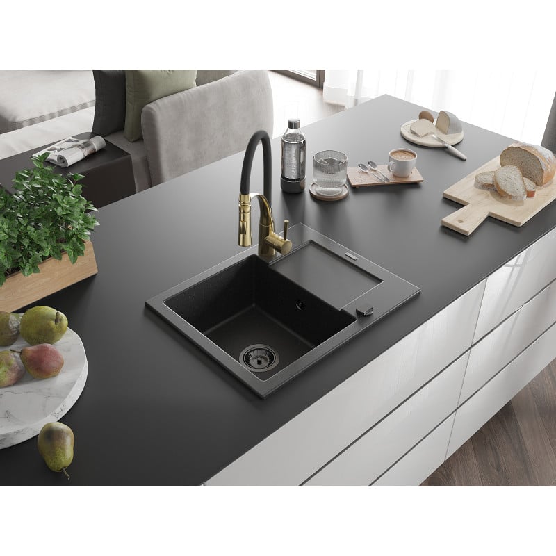 Mexen Enzo Granitspüle 1-Becken mit Abtropffläche und Küchenarmatur Aster, schwarz/silber metallic - 6506-73-73450-57-B