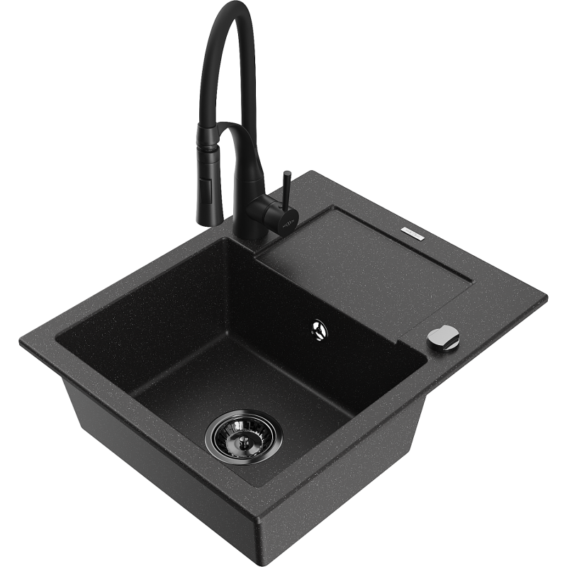 Mexen Enzo Granitspüle 1-Becken mit Abtropffläche und Küchenarmatur Aster, schwarz/silber metallic - 6506-73-73450-70-B