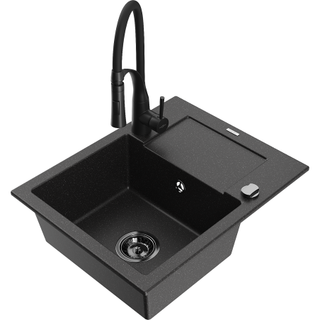 Mexen Enzo Granitspüle 1-fach mit Abtropffläche und Küchenarmatur Aster, schwarz/silber metallic - 6506-73-73450-70-B