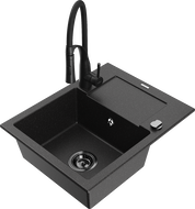 Mexen Enzo Granitspüle 1-Becken mit Abtropffläche und Küchenarmatur Aster, schwarz/silber metallic - 6506-73-73450-70-B