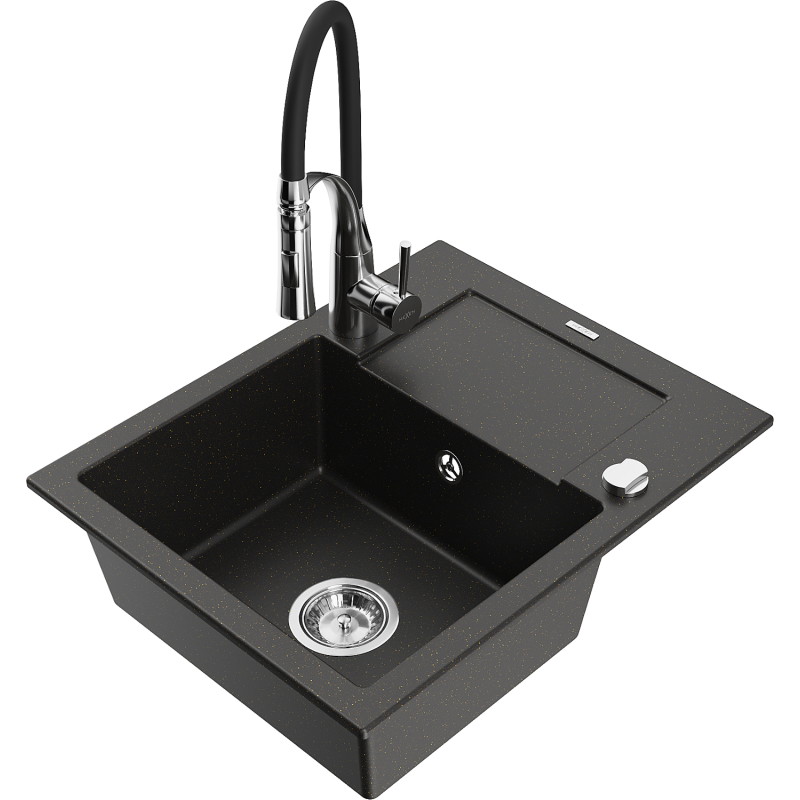 Mexen Enzo Granitspüle 1-Becken mit Abtropffläche und Küchenarmatur Aster, schwarz/gold metallisch - 6506-75-73450-07