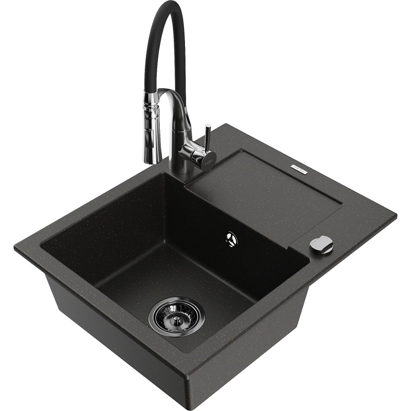 Mexen Enzo Granitspüle 1-kanalig mit Abtropffläche und Küchenarmatur Aster, schwarz/goldener Metallic - 6506-75-73450-07-B