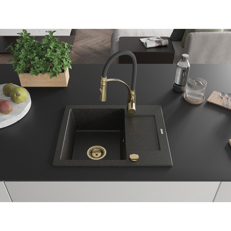 Mexen Enzo Granitspüle 1-Becken mit Abtropffläche und Küchenarmatur Aster, schwarz/gold metallic - 6506-75-73450-57-G