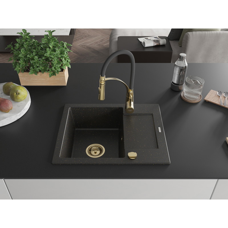Mexen Enzo Granitspüle mit 1 Becken und Abtropffläche sowie Küchenarmatur Aster, Schwarz/Gold Metallic - 6506-75-73450-57-G
