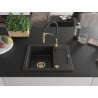 Mexen Enzo Granitspüle mit 1 Becken und Abtropffläche sowie Küchenarmatur Aster, Schwarz/Gold Metallic - 6506-75-73450-57-G