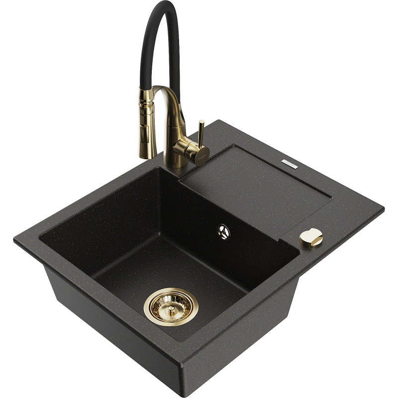 Mexen Enzo Granitspüle 1-Becken mit Abtropffläche und Küchenarmatur Aster, schwarz/gold metallic - 6506-75-73450-57-G