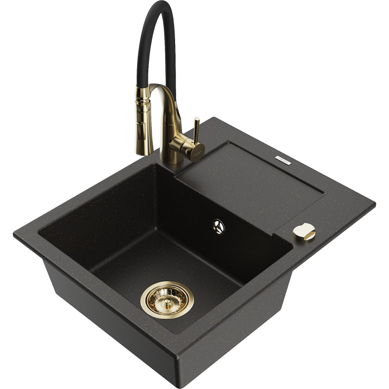 Mexen Enzo Granitspüle mit 1 Becken und Abtropffläche sowie Küchenarmatur Aster, Schwarz/Gold Metallic - 6506-75-73450-57-G