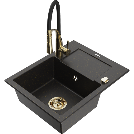 Mexen Enzo Granitspüle 1-Becken mit Abtropffläche und Küchenarmatur Aster, schwarz/gold metallic - 6506-75-73450-57-G