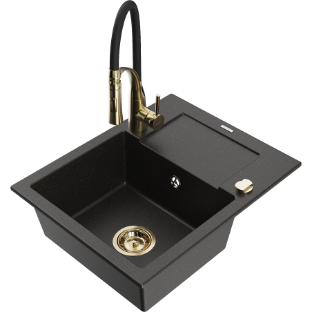 Mexen Enzo Granitspüle mit 1 Becken und Abtropffläche sowie Küchenarmatur Aster, Schwarz/Gold Metallic - 6506-75-73450-57-G