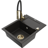 Mexen Enzo Granitspüle 1-Becken mit Abtropffläche und Küchenarmatur Aster, schwarz/gold metallic - 6506-75-73450-57-G