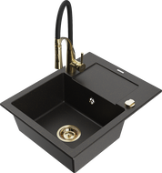 Mexen Enzo Granitspüle mit 1 Becken und Abtropffläche sowie Küchenarmatur Aster, Schwarz/Gold Metallic - 6506-75-73450-57-G