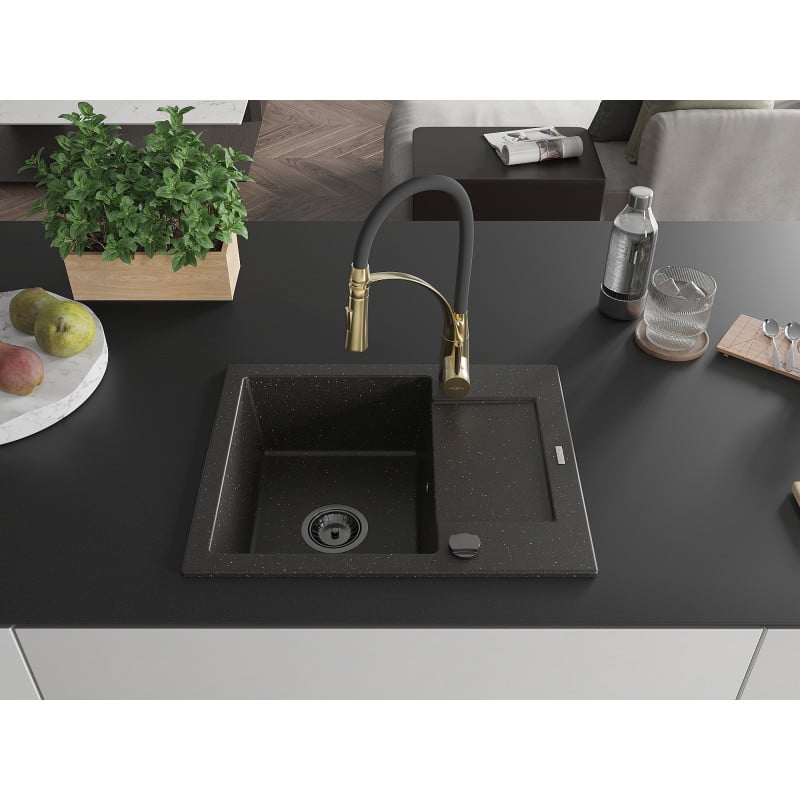 Mexen Enzo Granitspüle 1-Becken mit Abtropffläche und Küchenarmatur Aster, schwarz/gold metallic - 6506-75-73450-57-B