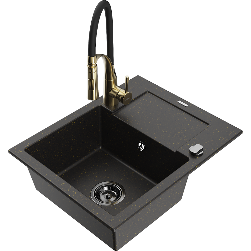 Mexen Enzo Granitspüle 1-Becken mit Abtropffläche und Küchenarmatur Aster, schwarz/gold metallic - 6506-75-73450-57-B