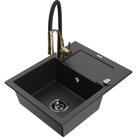Mexen Enzo Granitspüle 1-Becken mit Abtropffläche und Küchenarmatur Aster, schwarz/gold metallic - 6506-75-73450-57-B