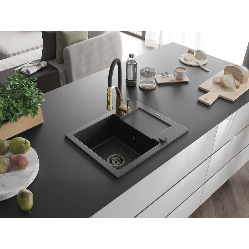 Mexen Enzo Granitspüle 1-Becken mit Abtropffläche und Küchenarmatur Aster, schwarz/gold metallic - 6506-75-73450-57-B