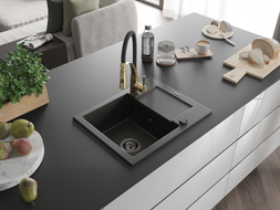 Mexen Enzo Granitspüle 1-Becken mit Abtropffläche und Küchenarmatur Aster, schwarz/gold metallic - 6506-75-73450-57-B