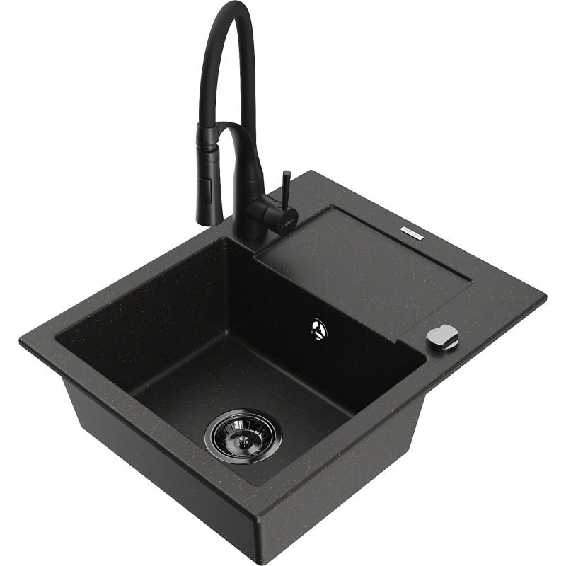 Mexen Enzo Granitspüle 1-Becken mit Abtropffläche und Küchenarmatur Aster, schwarz/gold metallic - 6506-75-73450-70-B