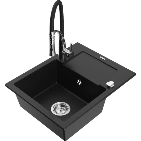 Mexen Enzo 1-Becken Granitspüle mit Abtropffläche und Küchenarmatur Aster, schwarz - 6506-77-73450-07