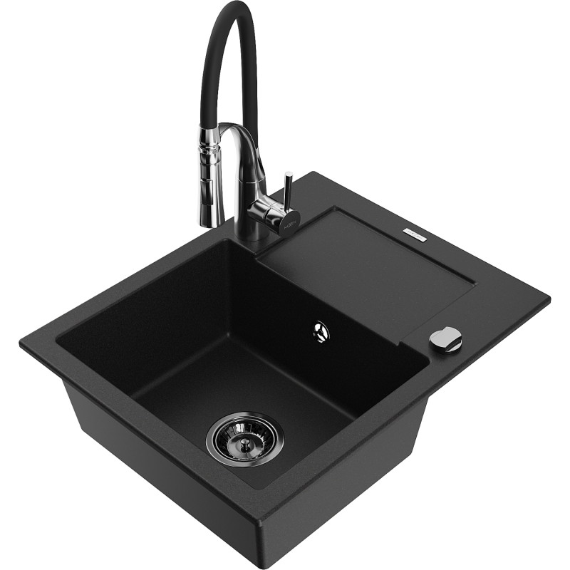 Mexen Enzo Granitspüle 1-Becken mit Abtropffläche und Küchenarmatur Aster, schwarz - 6506-77-73450-07-B