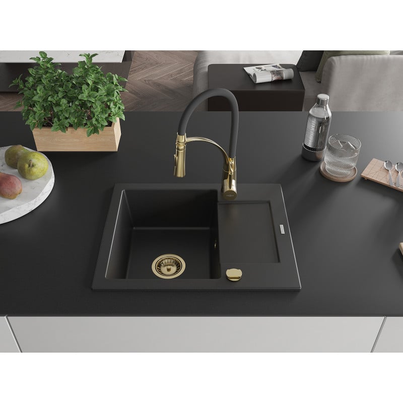 Mexen Enzo Granitspüle 1-Becken mit Abtropffläche und Küchenarmatur Aster, schwarz - 6506-77-73450-57-G