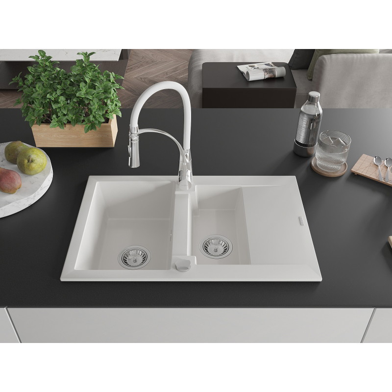 Mexen Gaspar Granitspüle 1,5-Becken mit Abtropffläche und Küchenarmatur Aster, weiß - 6507-20-73450-02