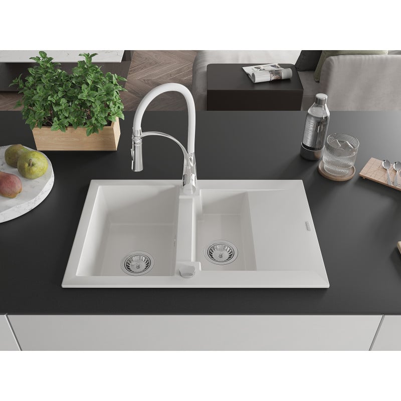 Mexen Gaspar Granitspüle 1,5 Kammern mit Abtropffläche und Küchenarmatur Aster, weiß - 6507-20-73450-02