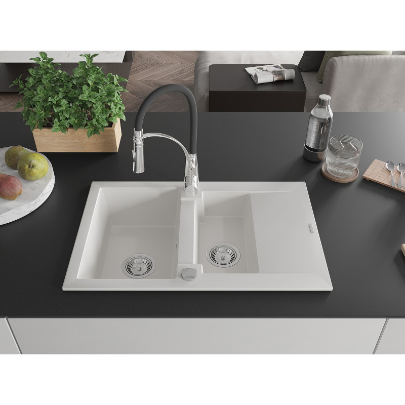 Mexen Gaspar Granitspüle 1,5-beckig mit Abtropffläche und Küchenarmatur Aster, weiß - 6507-20-73450-07