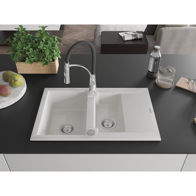 Mexen Gaspar Granitspüle 1,5-Kammern mit Abtropffläche und Küchenarmatur Aster, weiß - 6507-20-73450-07