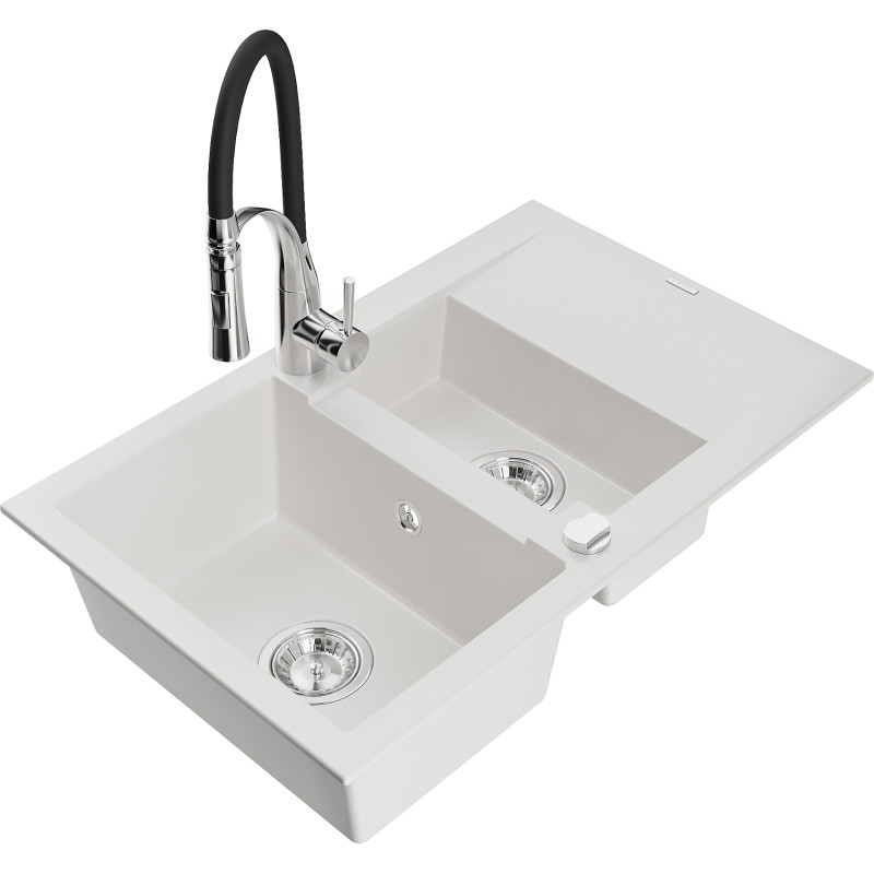 Mexen Gaspar Granitspüle 1,5-Becken mit Abtropffläche und Küchenarmatur Aster, weiß - 6507-20-73450-07