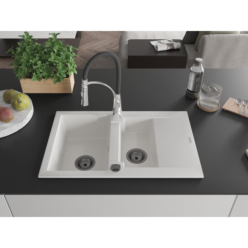 Mexen Gaspar Granitspüle 1,5-Becken mit Abtropffläche und Küchenarmatur Aster, weiß - 6507-20-73450-07-B