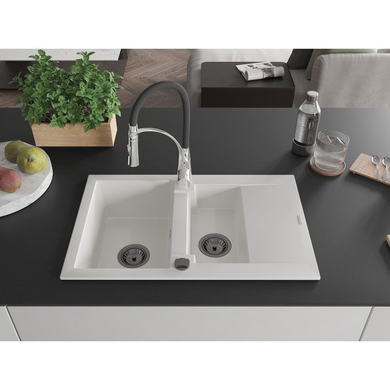 Mexen Gaspar granitspüle 1,5-beckenspüle mit abtropffläche und küchenarmatur Aster, weiß - 6507-20-73450-07-B