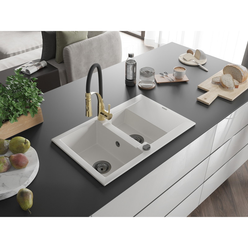 Mexen Gaspar Granitspüle 1,5-Kammer mit Abtropffläche und Küchenarmatur Aster, weiß - 6507-20-73450-57-B