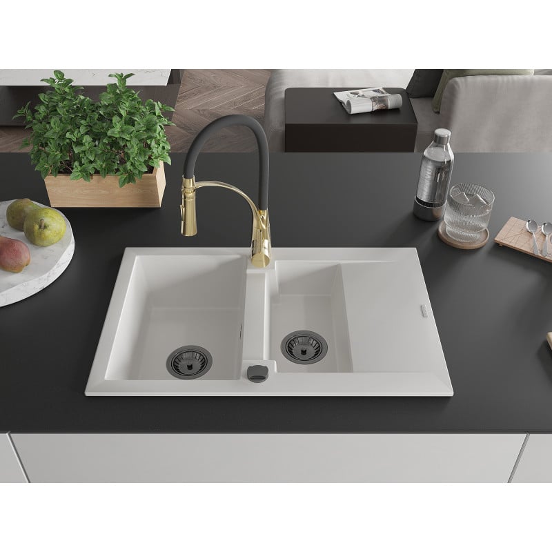 Mexen Gaspar Granitspüle 1,5-Becken mit Abtropffläche und Küchenarmatur Aster, weiß - 6507-20-73450-57-B