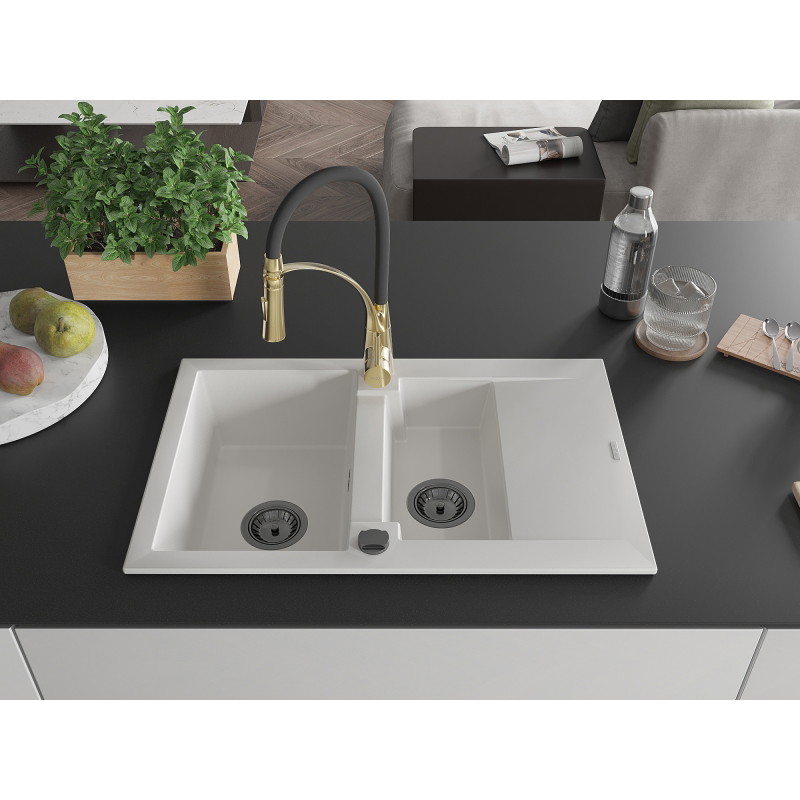 Mexen Gaspar Granitspüle 1,5-Kammer mit Abtropffläche und Küchenarmatur Aster, weiß - 6507-20-73450-57-B
