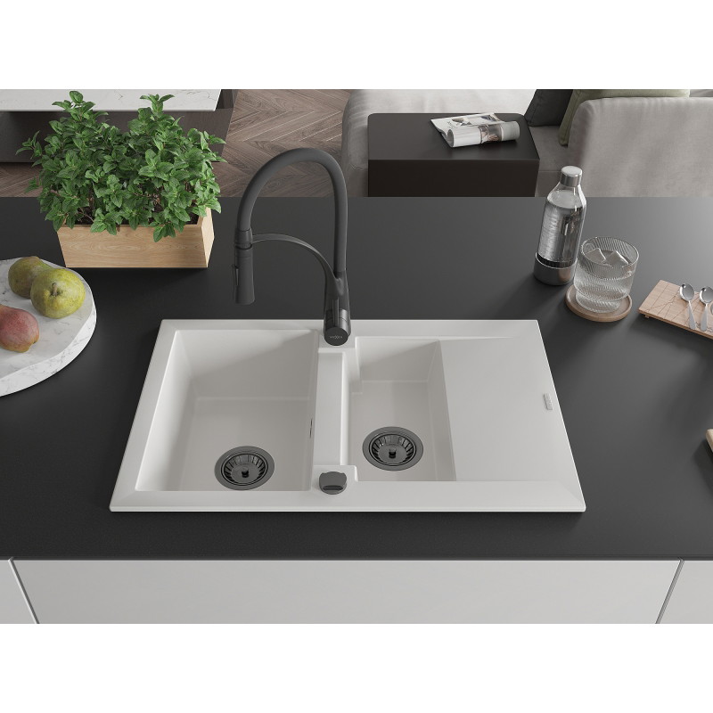 Mexen Gaspar granitspüle 1,5-becken mit abtropffläche und küchenarmatur Aster, weiß - 6507-20-73450-70-B
