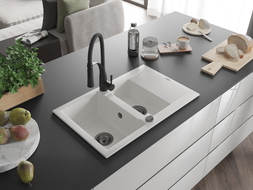 Mexen Gaspar 1,5-Schalen Granitspüle mit Abtropffläche und Küchenarmatur Aster, weiß - 6507-20-73450-70-B