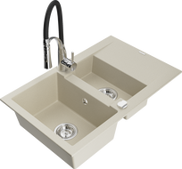 Mexen Gaspar Granitspüle 1,5-becken mit Abtropffläche und Küchenarmatur Aster, Beige - 6507-69-73450-07
