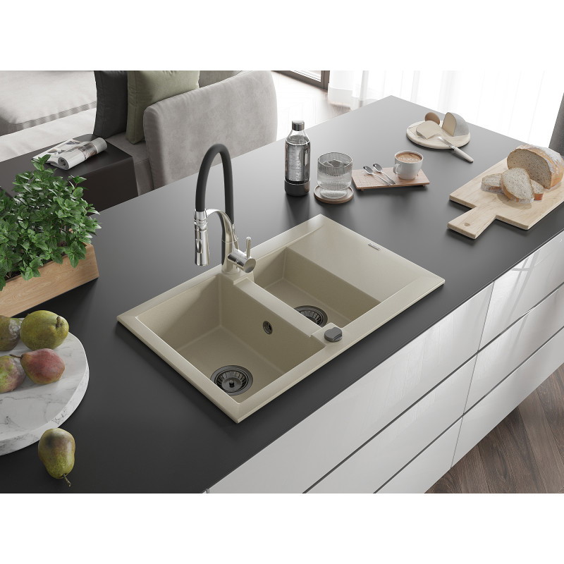 Mexen Gaspar Granitspüle 1,5-beckig mit Abtropffläche und Küchenarmatur Aster, beige - 6507-69-73450-07-B